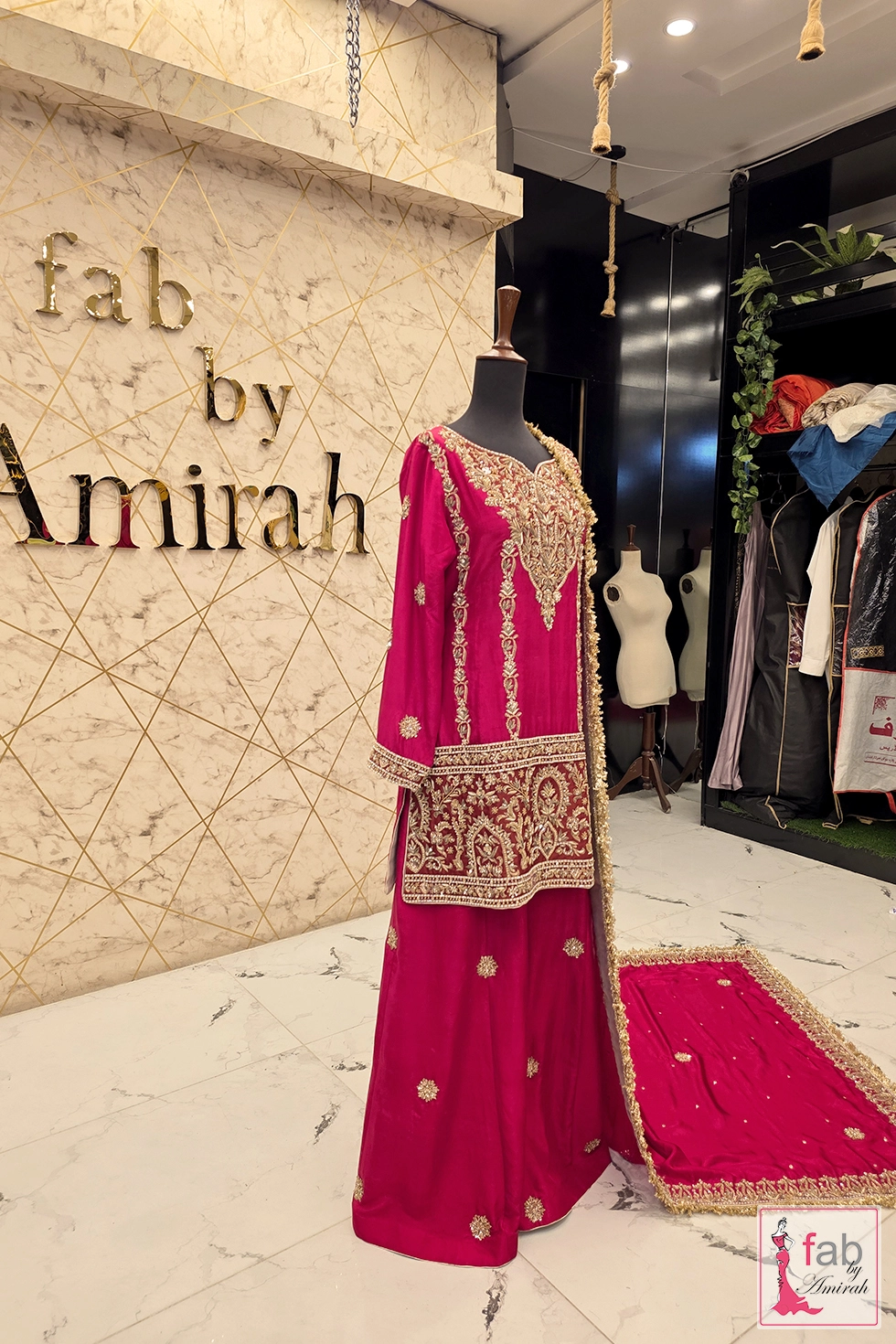 Full length side view showing tunic length, flare, and dupatta drape