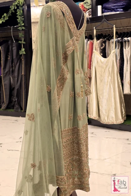 FAB By AMIRAH 5 Side angle showing sheer dupatta drape and embroidered kameez back details
