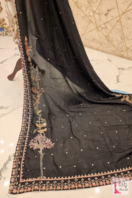 Full view of black organza dupatta displaying embroidered scalloped border