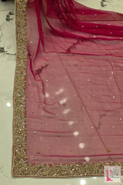 Sheer magenta dupatta with hand embellished scalloped borders