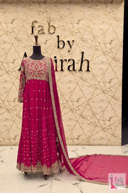 Magenta bridal sharara pashwas gown with hand embroidered gold zardozi