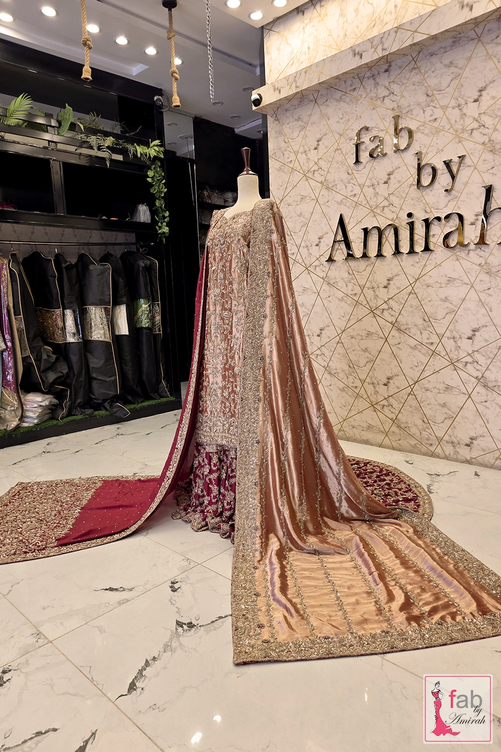 Side profile shot showcasing sweeping metallic tissue dupatta drape and full bridal outfit silhouette