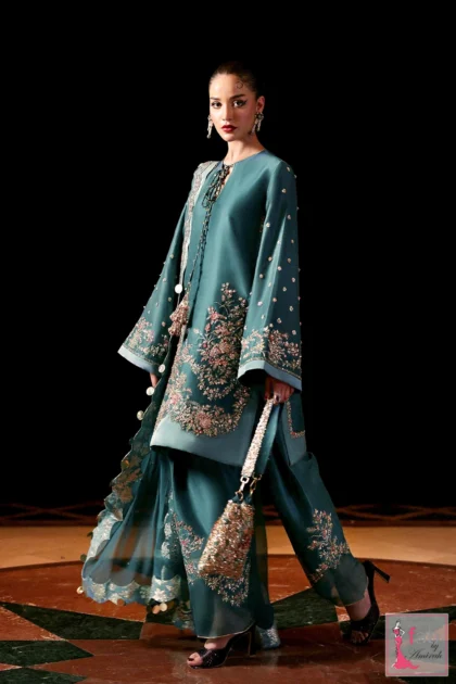 Teal designer suit for wedding featuring hand embroidered floral short tunic and scalloped dupatta